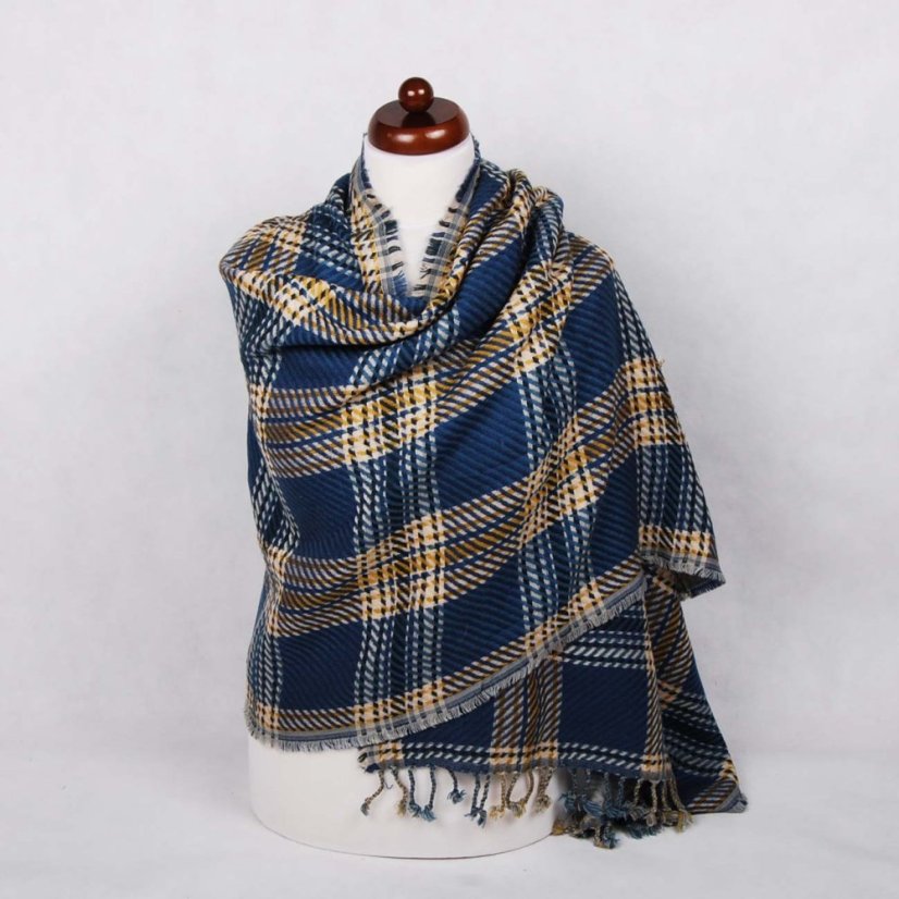 Šál z viskózy a akrylu obojstranný modrý so žltou a svetlošedou farbou