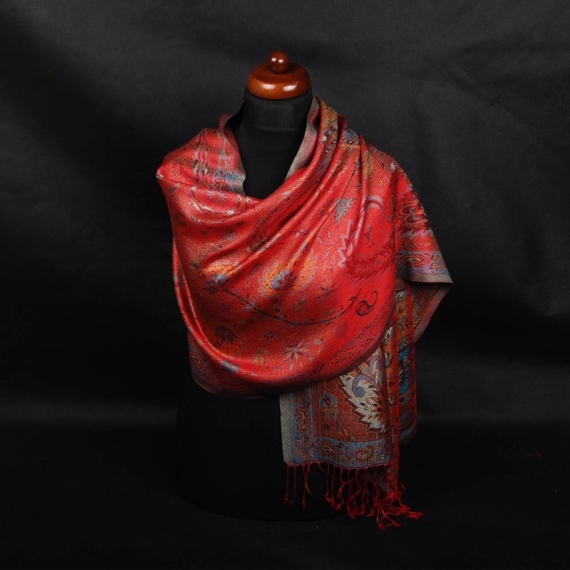 Seidenschal Super mittelgroß Tashi rot mit Hellblau