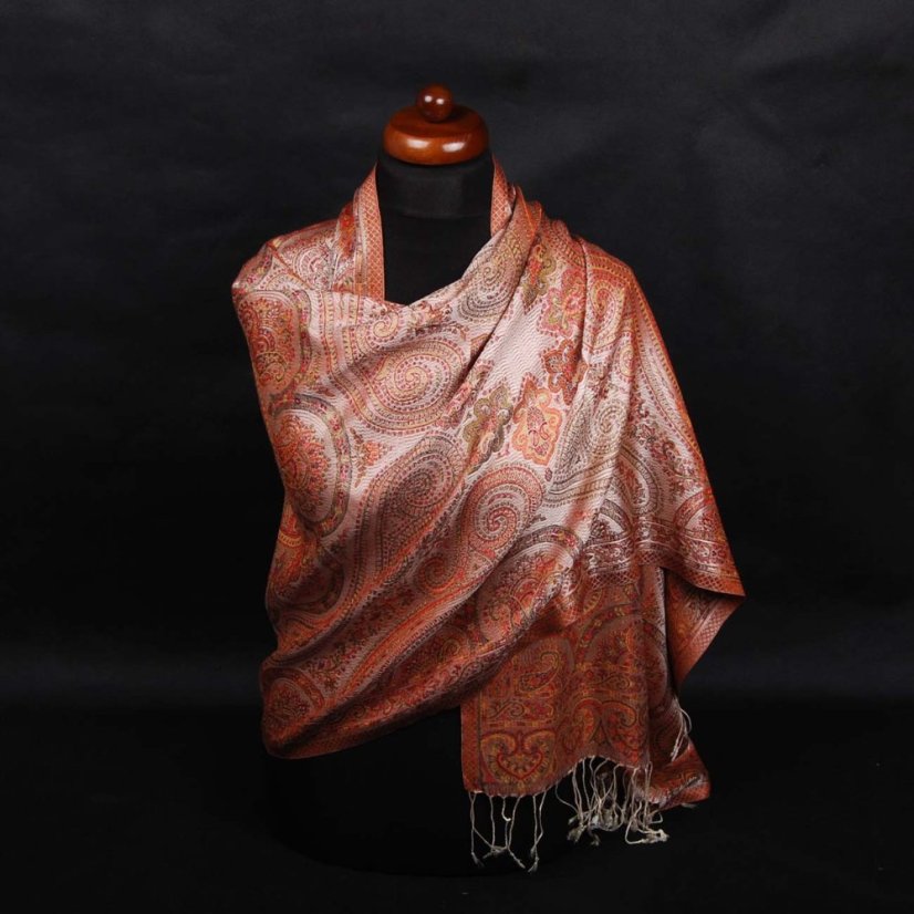 Seidenschal Super groß Ornament cremefarben mit Rot