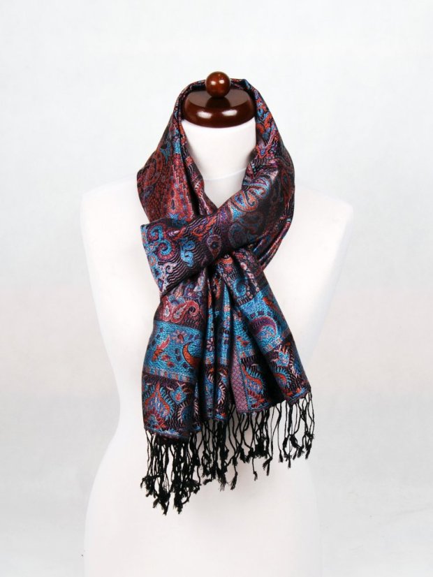 Hedvábná šála Super velká černá s oranžovou a tyrkysovou