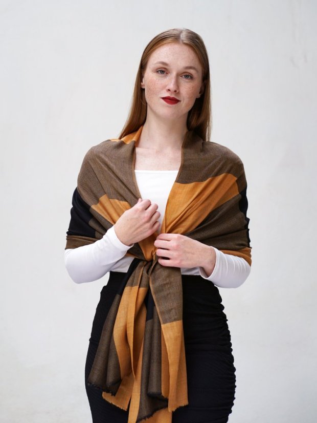 Kaschmirische Pashmina exklusiv kariert goldfarben-schwarz