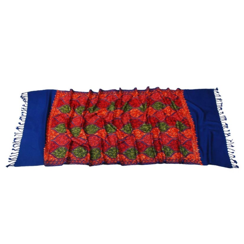 Kaschmirischer Wollschal Jate M dunkelblau mit Stickerei mit Orange und Rot