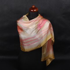 Hedvábná malovaná šála béžová s růžovou a zlatou