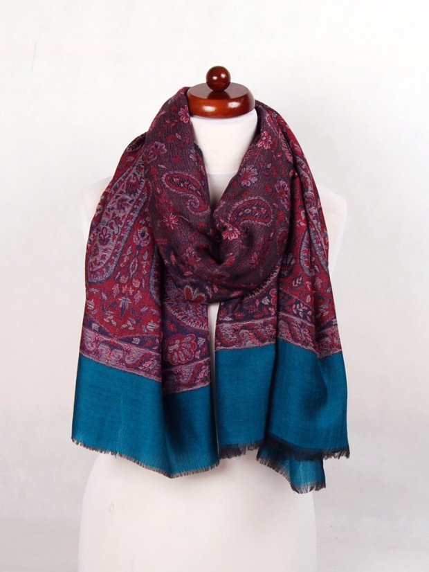 Kaschmirische Pashmina Khani Jamawar exklusiv mit Dunkelblau und Rot