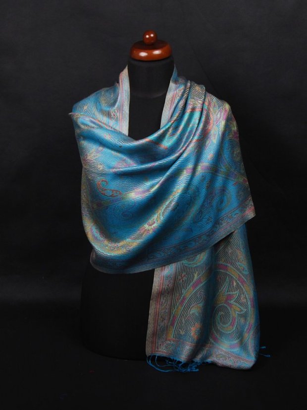 Seidenschal Super mittelgroß Tenzin dunkeltürkis mit Gelb und Rosa