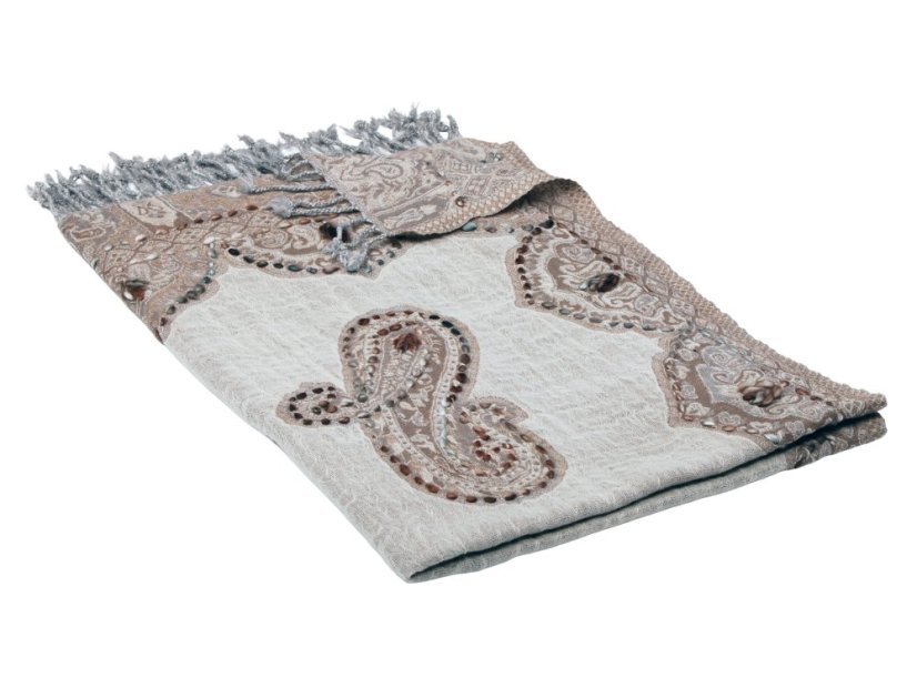 Schal aus Merinowolle handgestickt cremefarben mit Graubraun