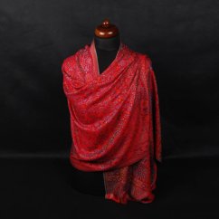 Šála z viskózy a hedvábí Khani Jamavar červená s tyrkysovou a žlutou