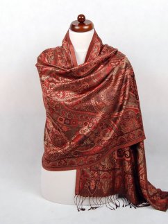 Hodvábny šál Super veľký  tmavohnedý s červenou a čiernou