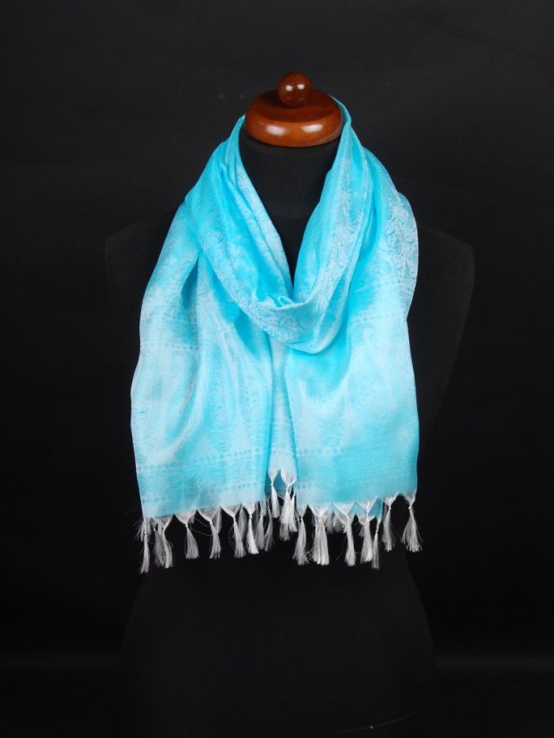 Hedvábná šála z Váránasí světle tyrkysovo-bílá