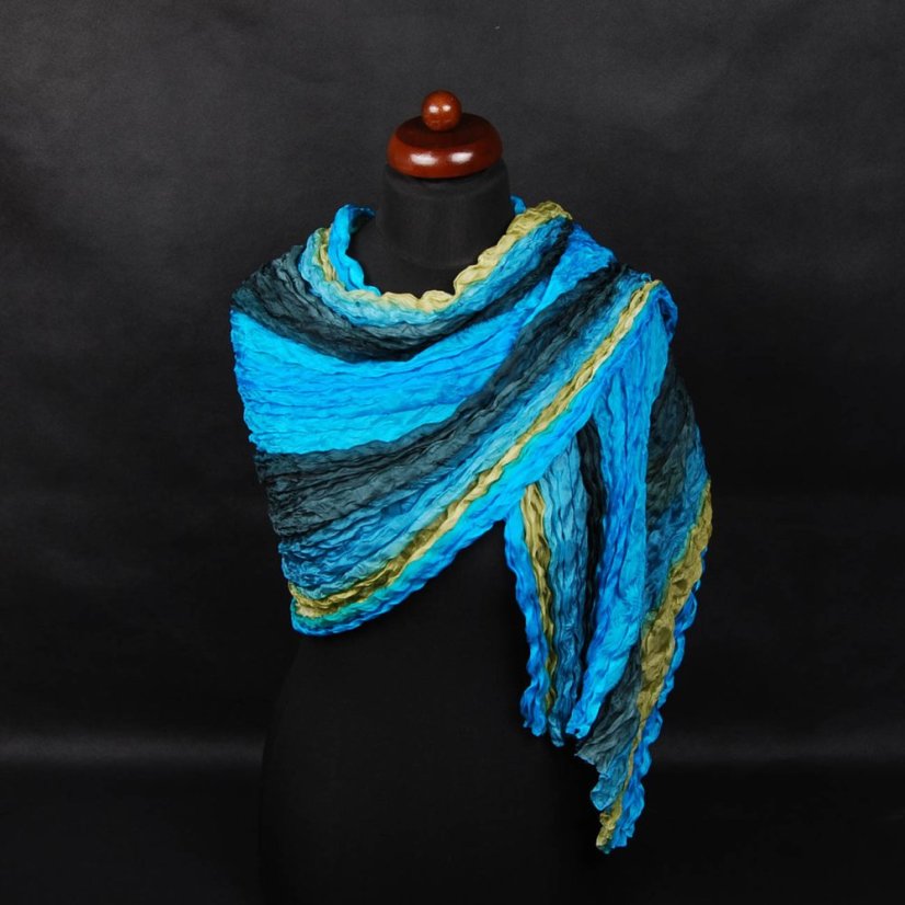 Seiden-Knitterschal türkis mit Grüngelb und Schwarz