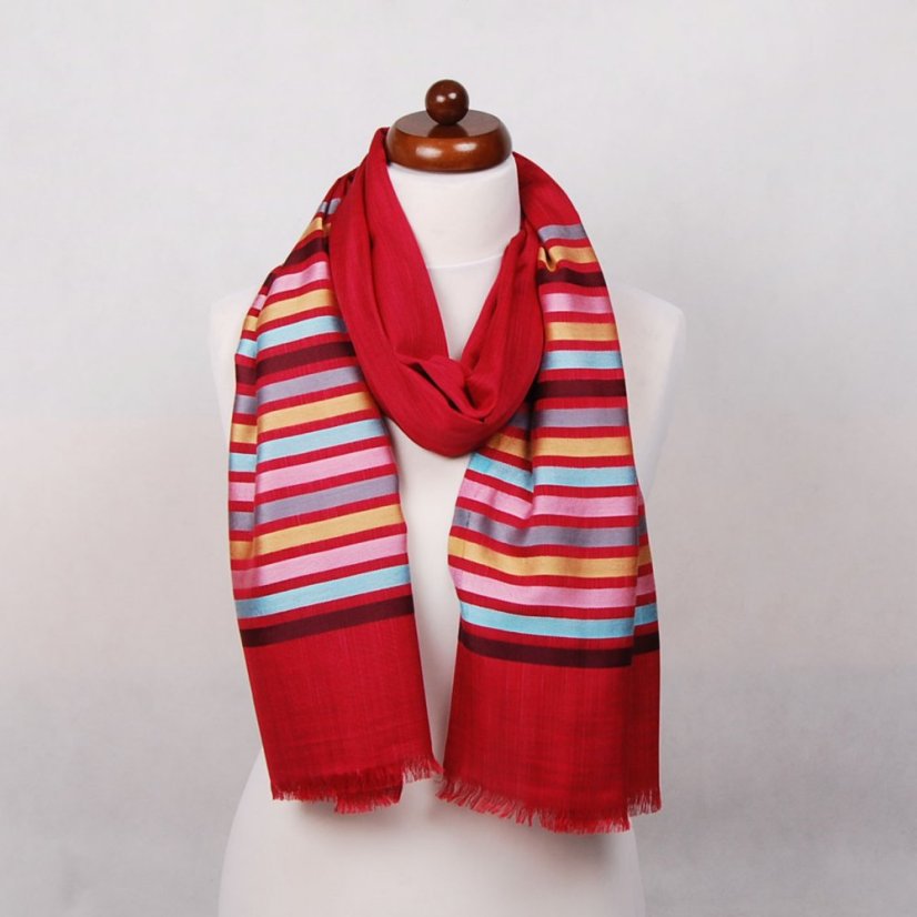 Šál z viskózy a hodvábu s pruhmi červený so svetlotyrkysovou a zlatou farbou