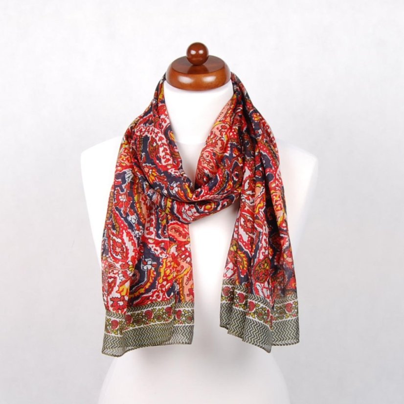 Hedvábná šála s potiskem červeno-černo-bílá