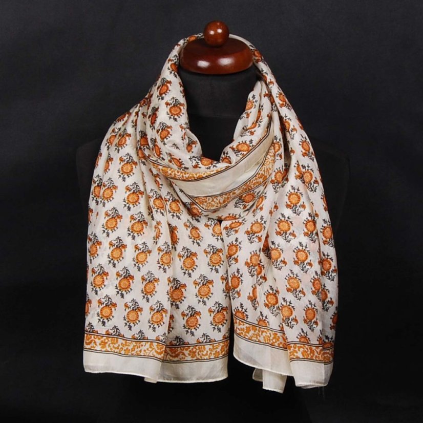 Seidenschal mit Aufdruck groß cremefarben mit dunkler Goldfarbe und Schwarz