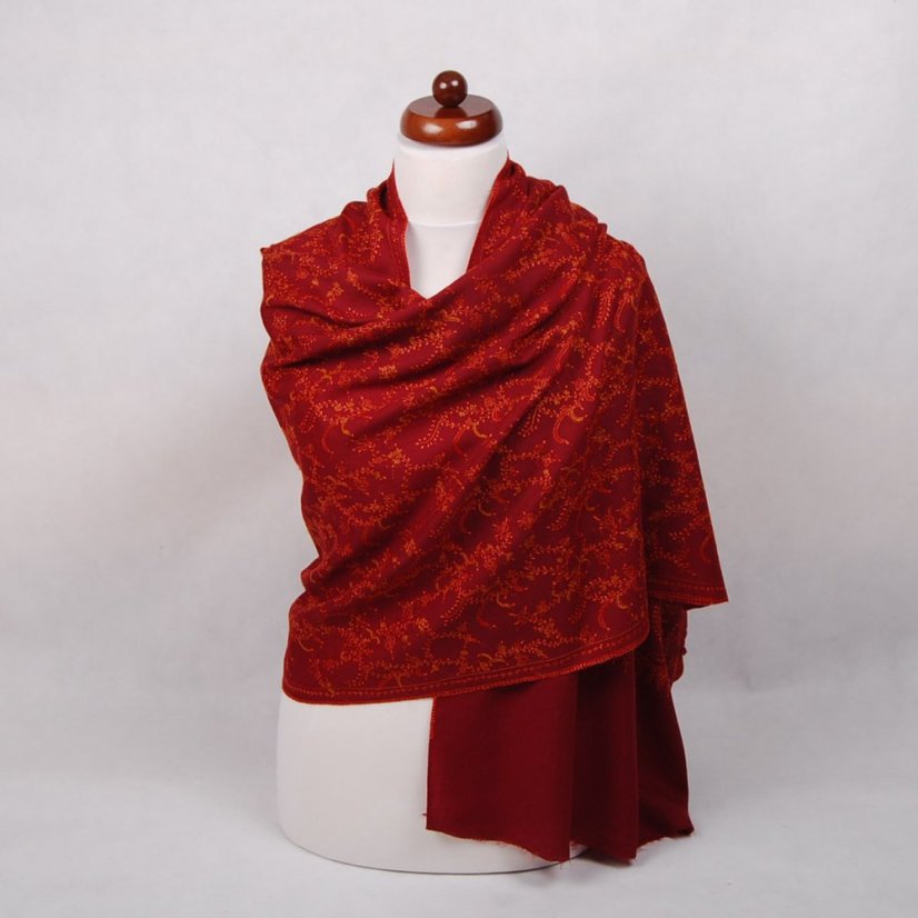 Kaschmirischer Wollschal handgestickt bordeaux mit Orange und Rot