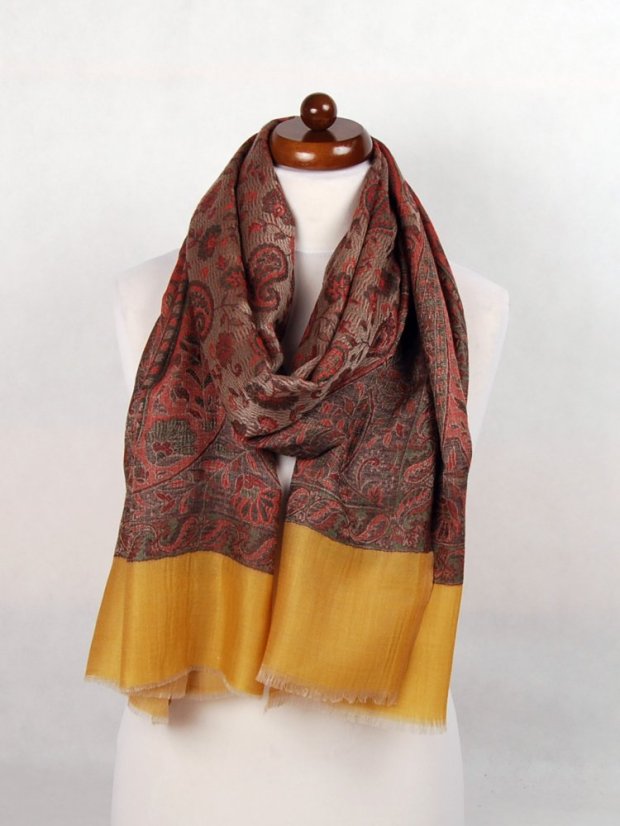 Kašmírska vlnená pašmína Khani Jamavar exclusive červeno-šedohnedá so žltou