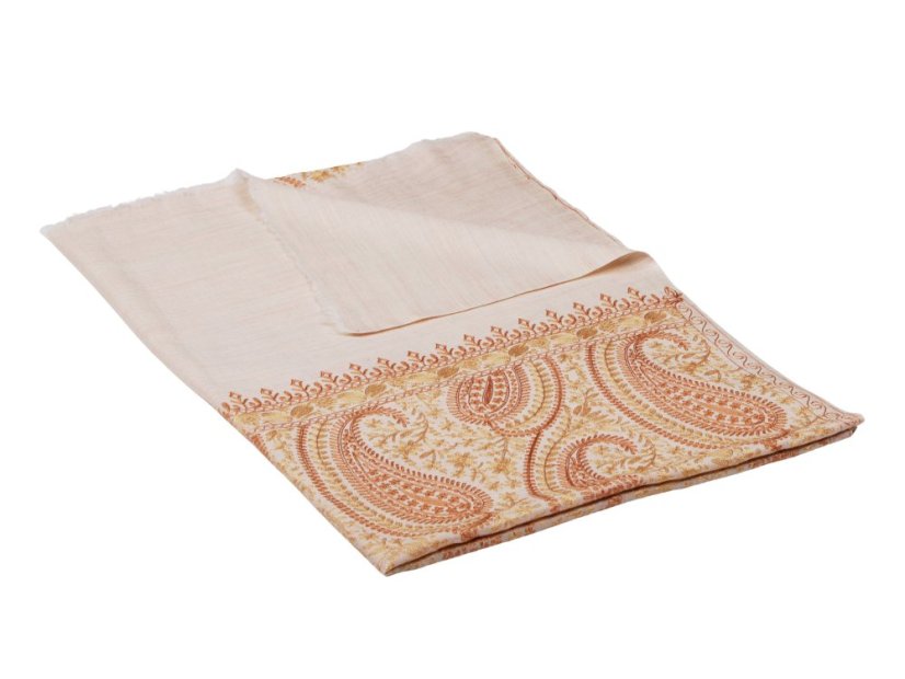 Kašmírsky vlnený šál vyšívaný hodvábom svetlobéžový so zlatou a svetlohnedou farbou