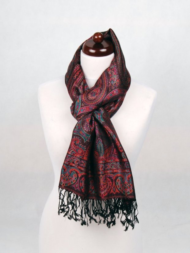 Hedvábná šála Super velká černá s magentou a tmavě zelenou