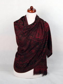 Kašmírská vlněná pašmína Khani Jamavar exclusive Drolma černo-červená s  tmavě zelenou