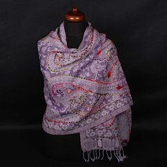 Schal aus Merinowolle handgestickt graulila