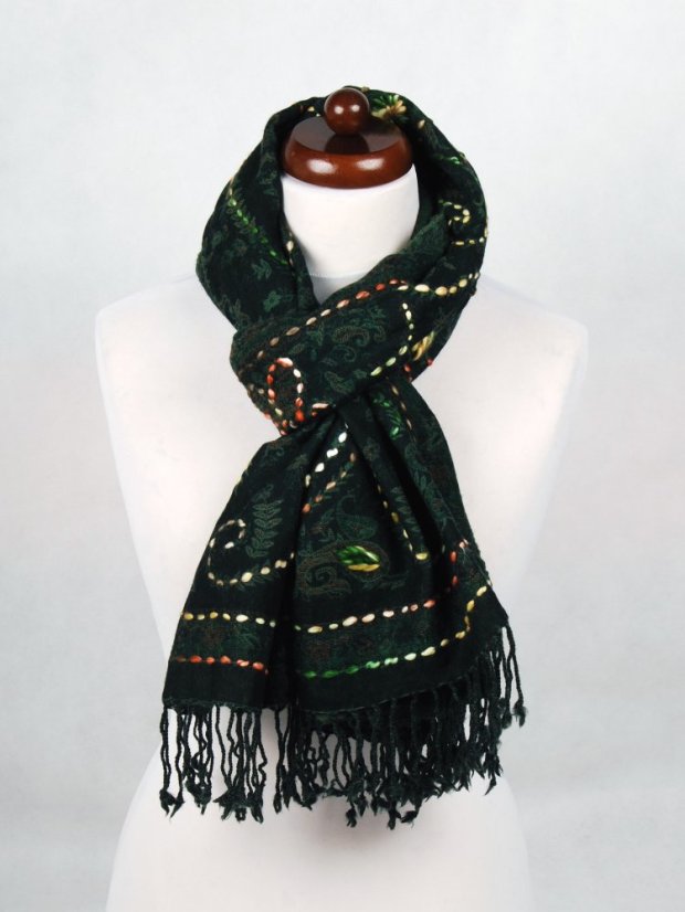 Schal aus Merinowolle handgestickt dunkelgrün