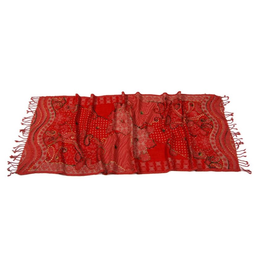 Schal aus Merinowolle handgestickt Ornament rot-beige II