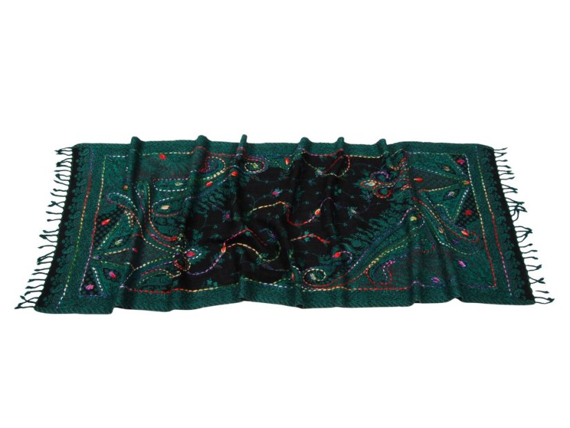 Šál z merino vlny s vyšívaním tmavozeleno-čierny