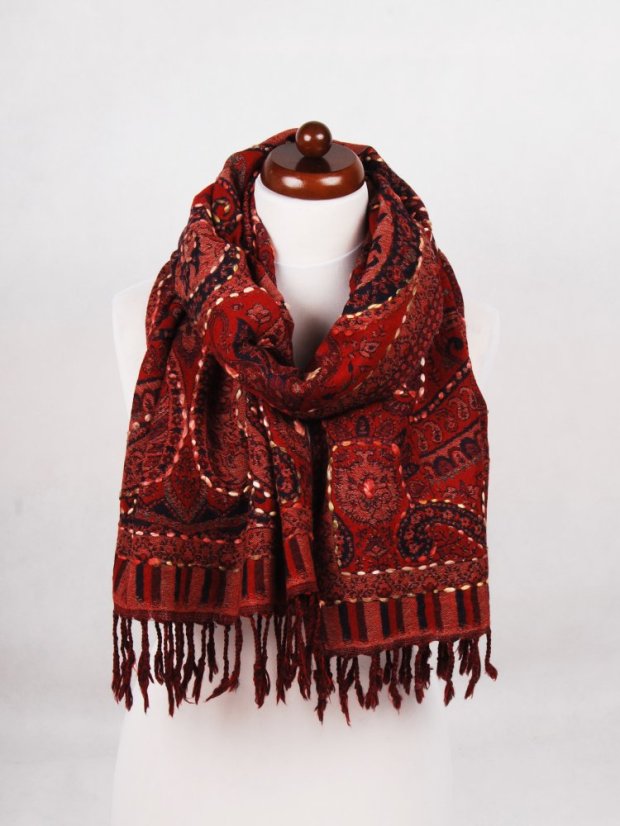 Šál z merino vlny s vyšívaním tmavočervený s čiernou farbou