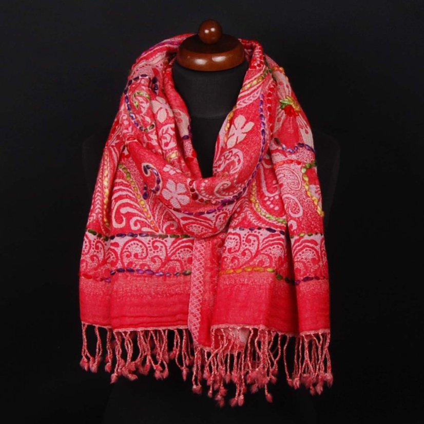 Schal aus Merinowolle handgestickt Metok rot-rosa