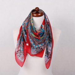Hedvábný šátek s potiskem s červenou, tyrkysovou a šedohnědou