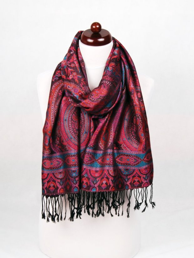 Hedvábná šála Super velká černá s magentou a oranžovou