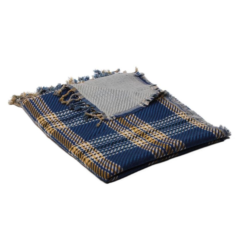 Šál z viskózy a akrylu obojstranný modrý so žltou a svetlošedou farbou