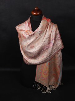 Hedvábná šála Super střední smetanová s červenou a světle modrou