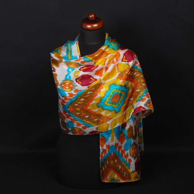 Seidenschal mit Aufdruck mit Orange, Gelb und Türkis