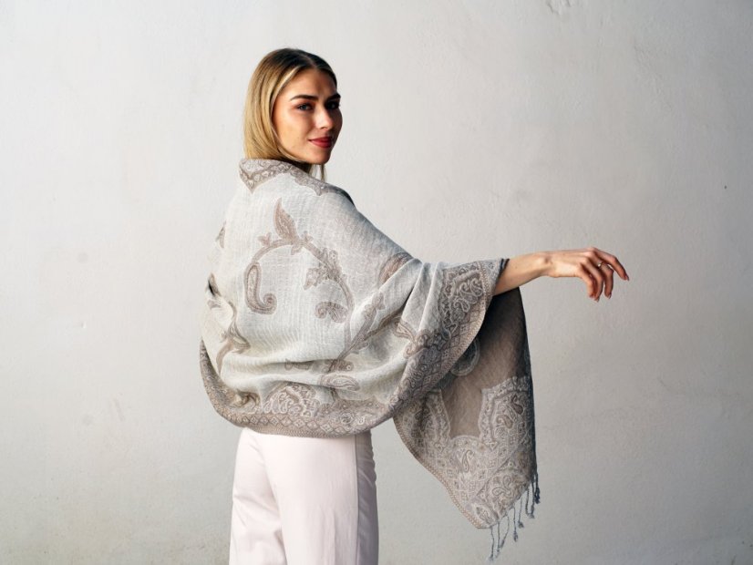 Schal aus Merinowolle cremefarben mit Graubraun