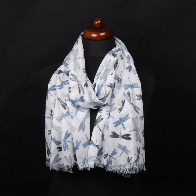 Schal aus Viskose dünn weiß mit Graublau