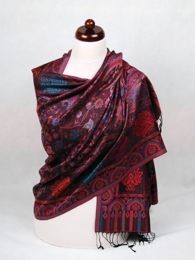 Seidenschal Super groß Tsewang schwarz mit Magenta und Orange