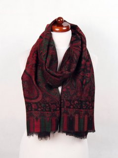 Kašmírská vlněná pašmína Khani Jamavar exclusive černo-červená s  tmavě zelenou