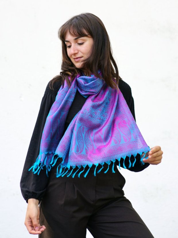 Hodvábny šál z Váránasí tyrkysovo-fialový