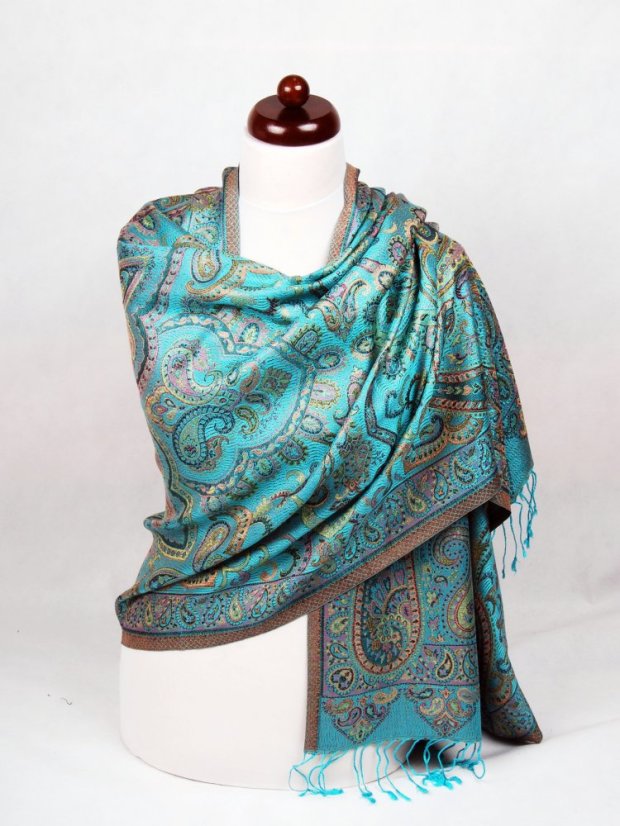 Hedvábná šála Super velká tyrkysová se žlutou