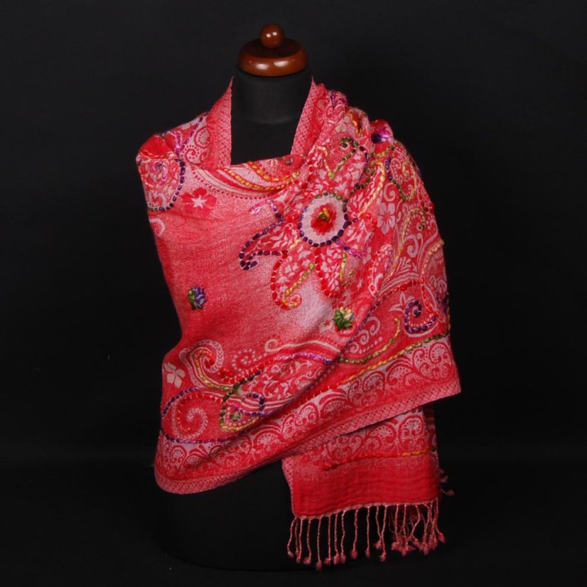 Schal aus Merinowolle handgestickt Metok rot-rosa