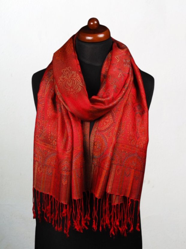 Schal aus Viskose und Seide rot mit Dunkelgrün