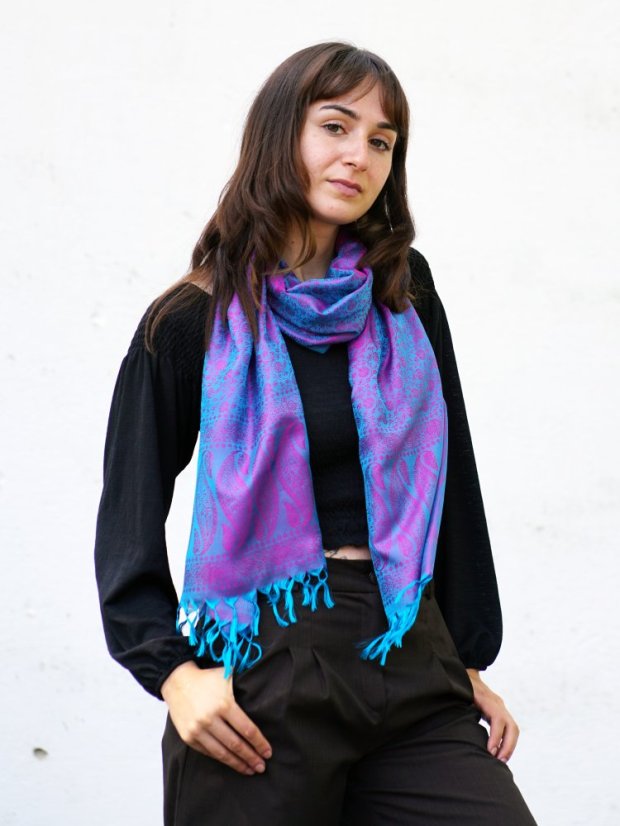 Hodvábny šál z Váránasí tyrkysovo-fialový