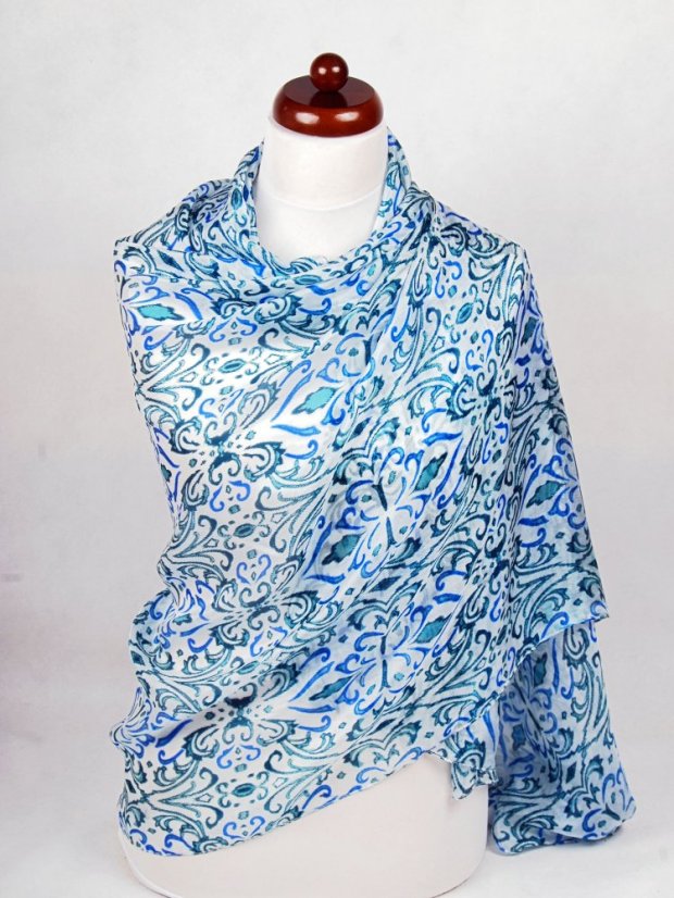 Großer Seidenschal mit Ziermuster weiß mit Teal und Blau