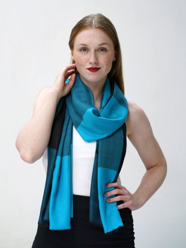 Kaschmirische Pashmina exklusiv kariert türkis-schwarz