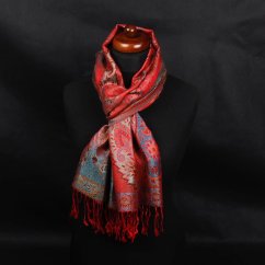 Seidenschal Super mittelgroß Tashi rot mit Hellblau