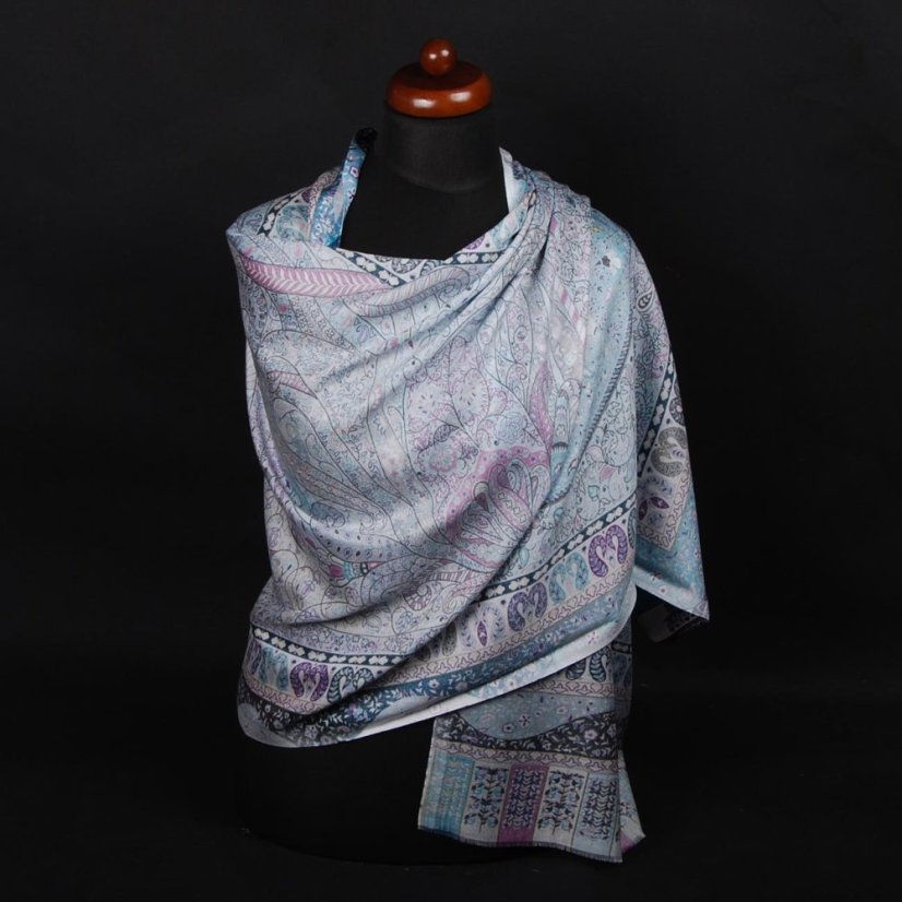 Schal aus Viskose und Seide mit Aufdruck mit Hellblau-Grau und Lila