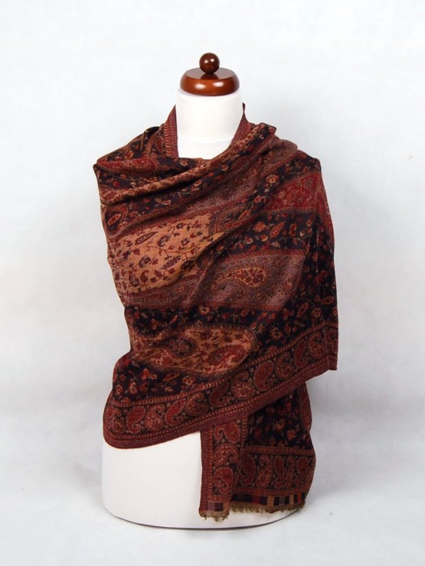 Kašmírská vlněná pašmína Khani Jamavar exclusive černo-červená