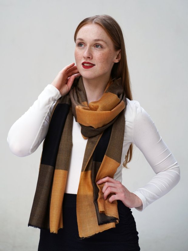 Kaschmirische Pashmina exklusiv kariert goldfarben-schwarz