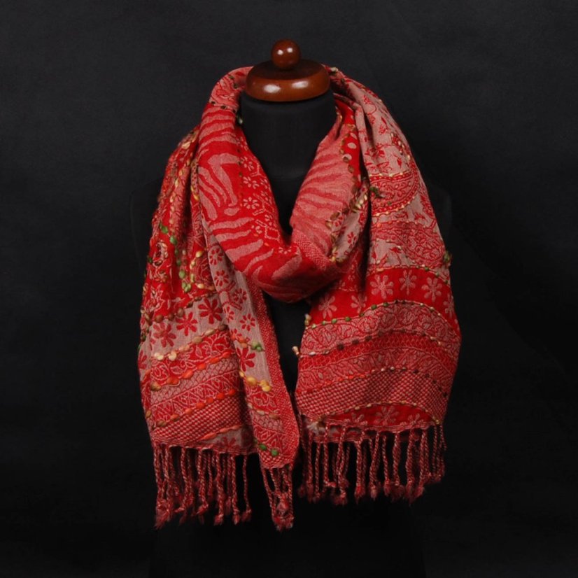 Schal aus Merinowolle handgestickt Ornament rot-beige II