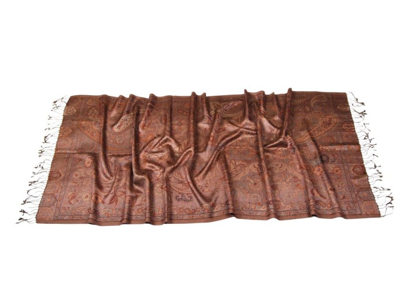 Hodvábny šál Super veľký šedohnedý s tmavooranžovou a tmavomodrou farbou